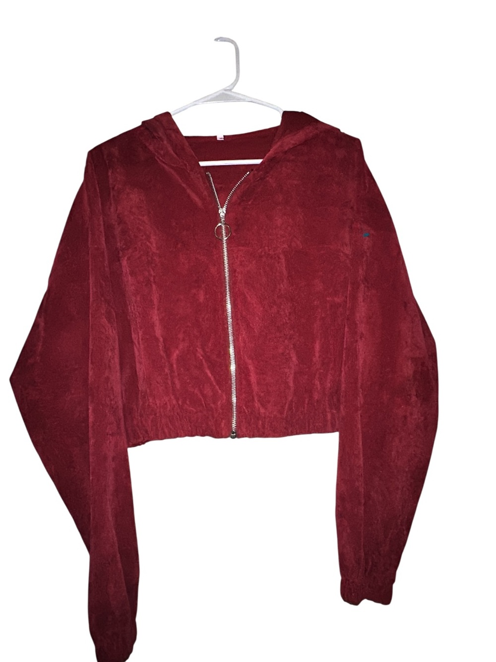 Women’s Cropped Corduory Zip-Up Hoodie in Deep Wine Red